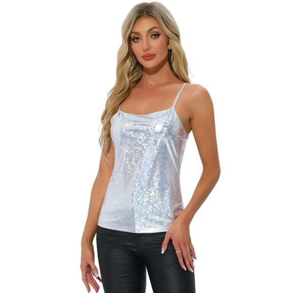 DARING DIVA Women's Holographic Metallic Spaghetti Straps Cami Top S Silver Holographic