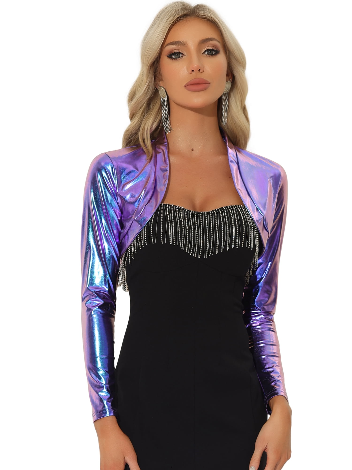 DARING DIVA Women's Holographic Shimmering Shiny Metallic Cardigan M Blue Purple