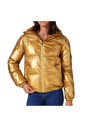 Women's Holographic Shiny Party Puffer Jacket with Hood 2XL Gold
