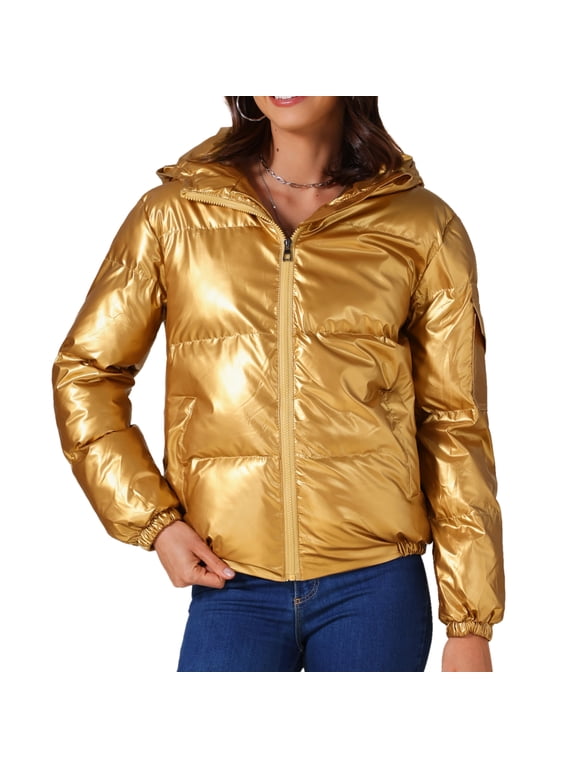 Women's Holographic Shiny Party Puffer Jacket with Hood 2XL Gold