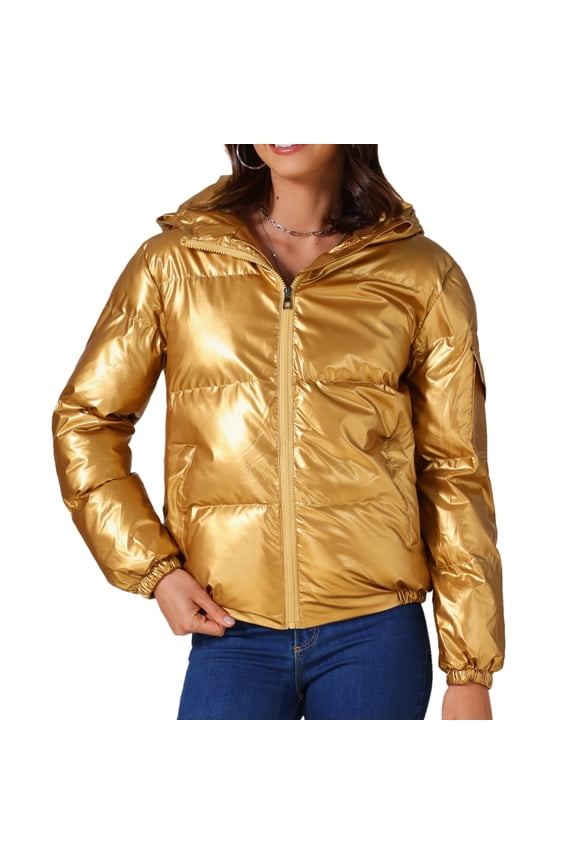Women's Holographic Shiny Party Puffer Jacket with Hood M Gold