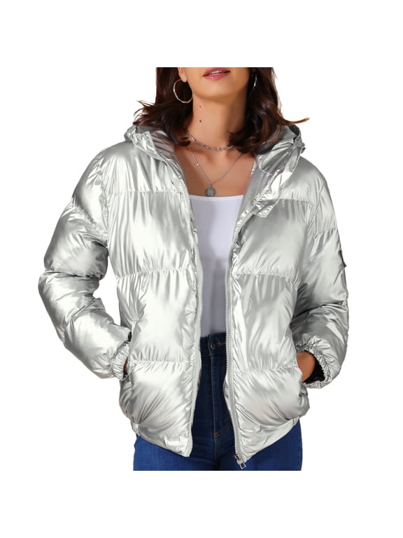 Women's Holographic Shiny Party Puffer Jacket with Hood S Silver