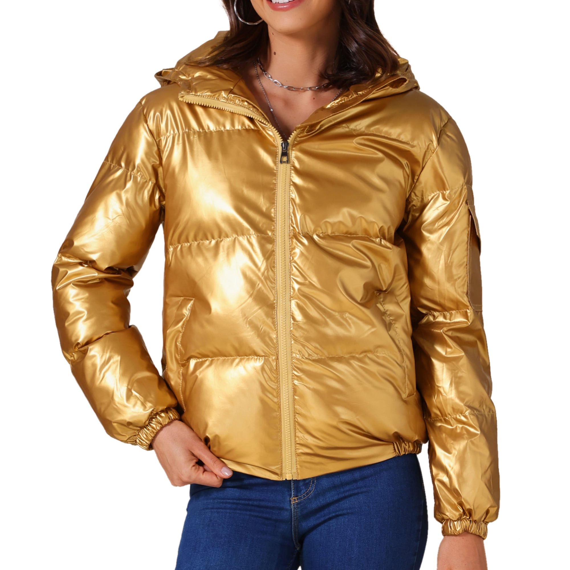 DARING DIVA Women's Holographic Shiny Party Puffer Jacket with Hood XL Gold