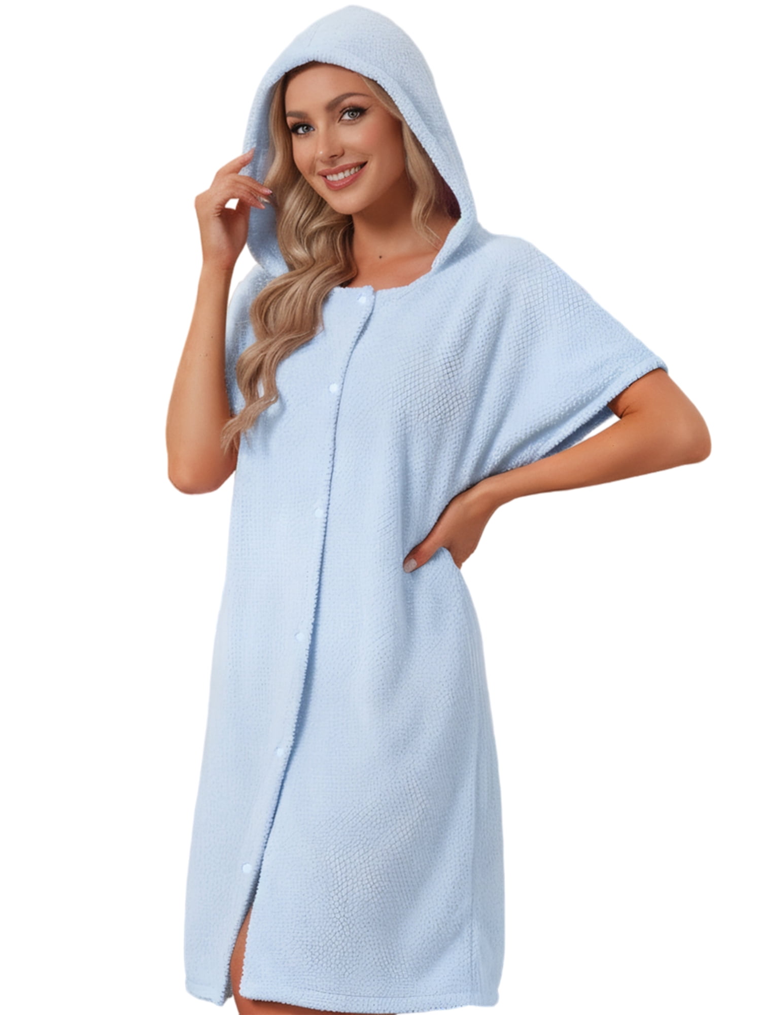 DARING DIVA Women's Hooded Button Snaps Cover Up After Shower Bathrobe M Blue