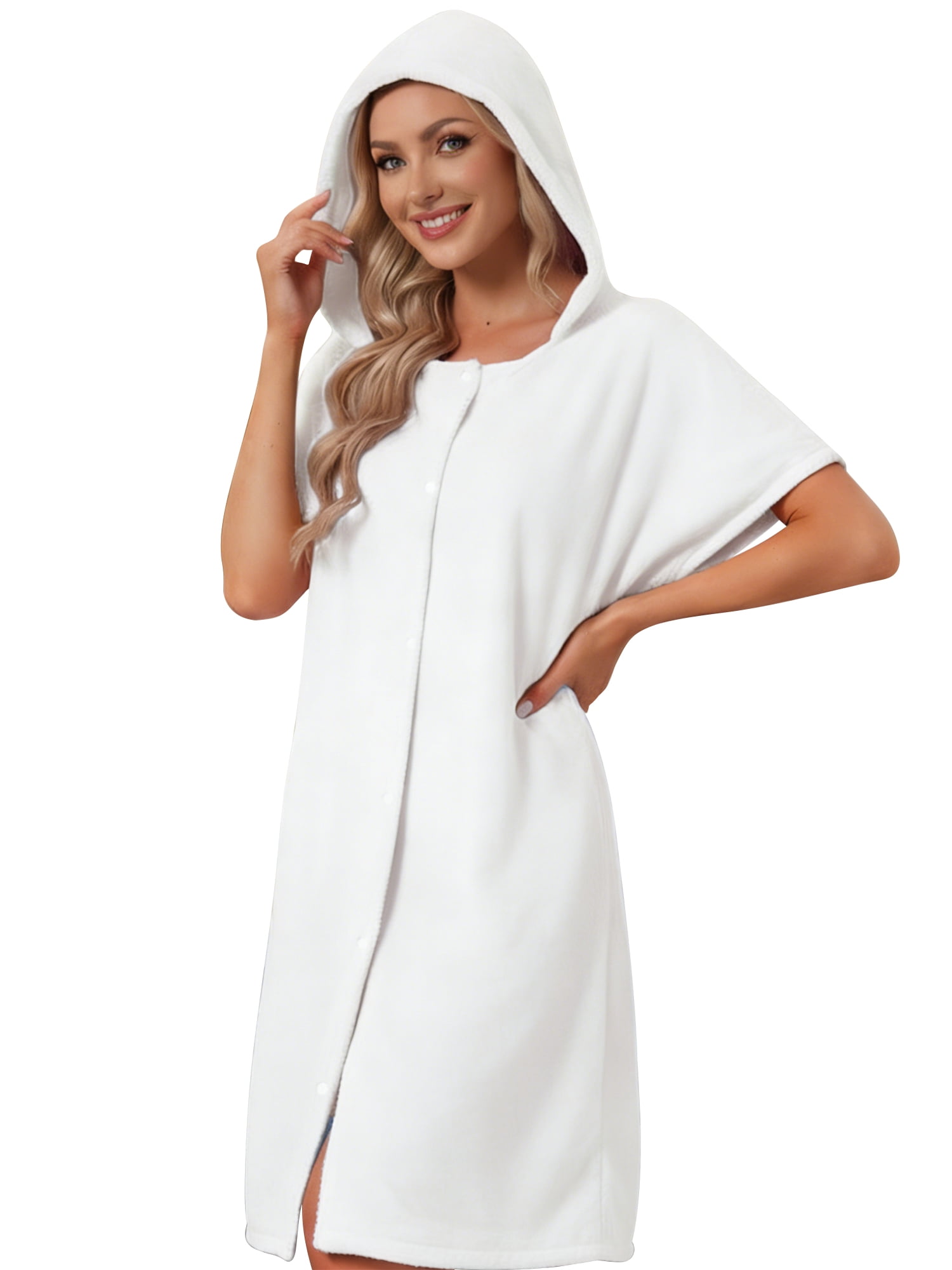 DARING DIVA Women's Hooded Button Snaps Cover Up After Shower Bathrobe M White
