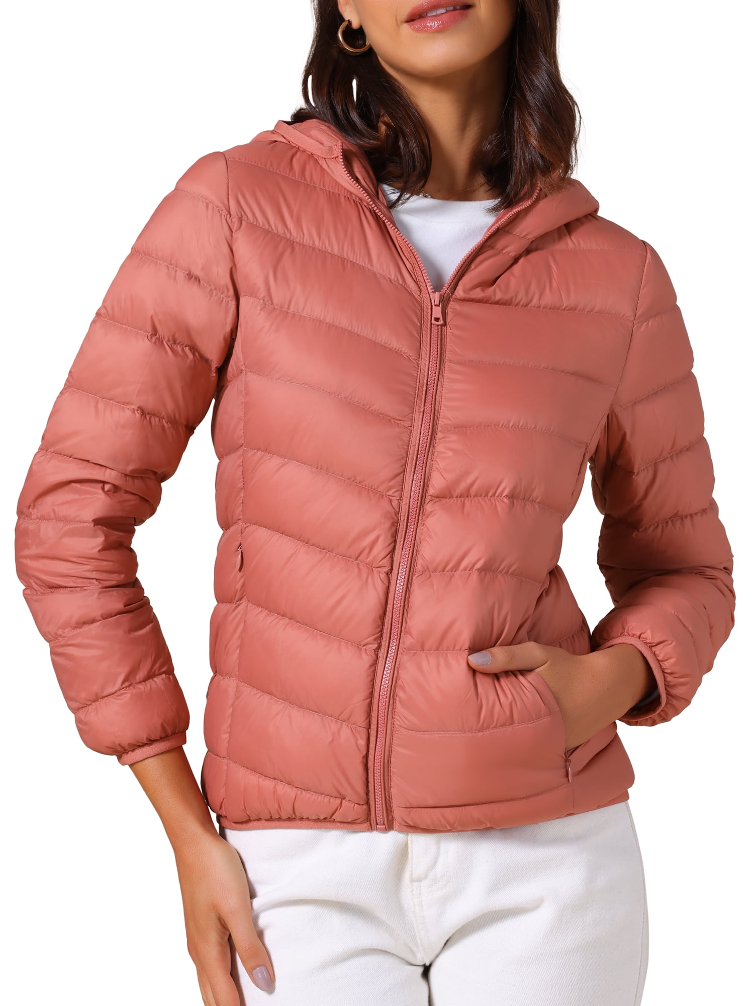 DARING DIVA Women's Hooded Packable Puffer Jacket L Grey Pink