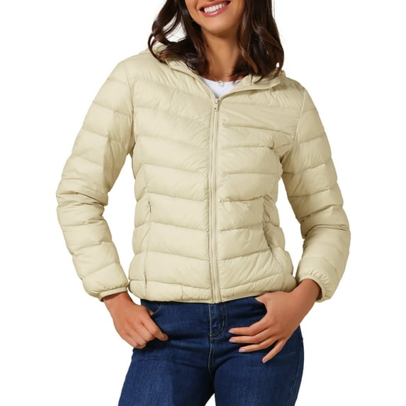 DARING DIVA Women's Hooded Packable Puffer Jacket S Apricot White