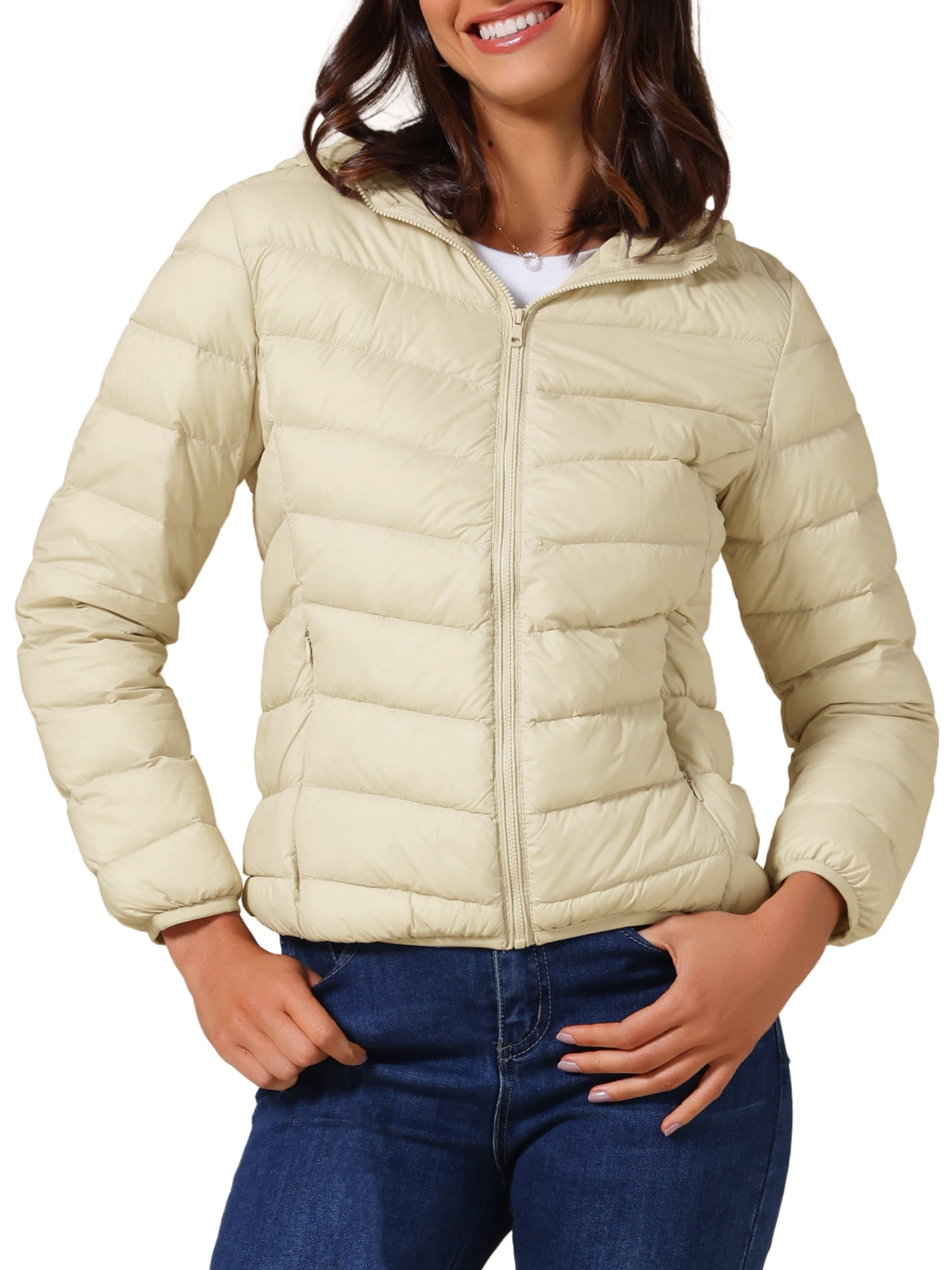 DARING DIVA Women's Hooded Packable Puffer Jacket XL Apricot White
