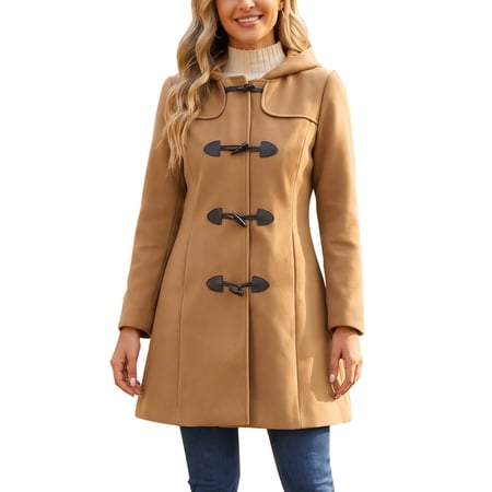 DARING DIVA Women's Winter Coat Toggle Duffle Long Hooded Peacoat Overcoat L Camel
