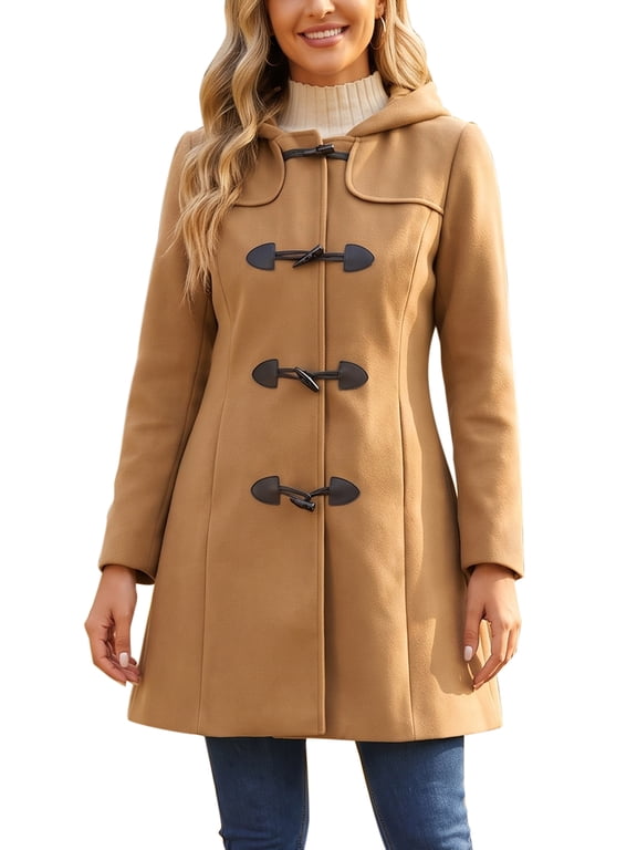 Women's Winter Coat Toggle Duffle Long Hooded Peacoat Overcoat L Camel
