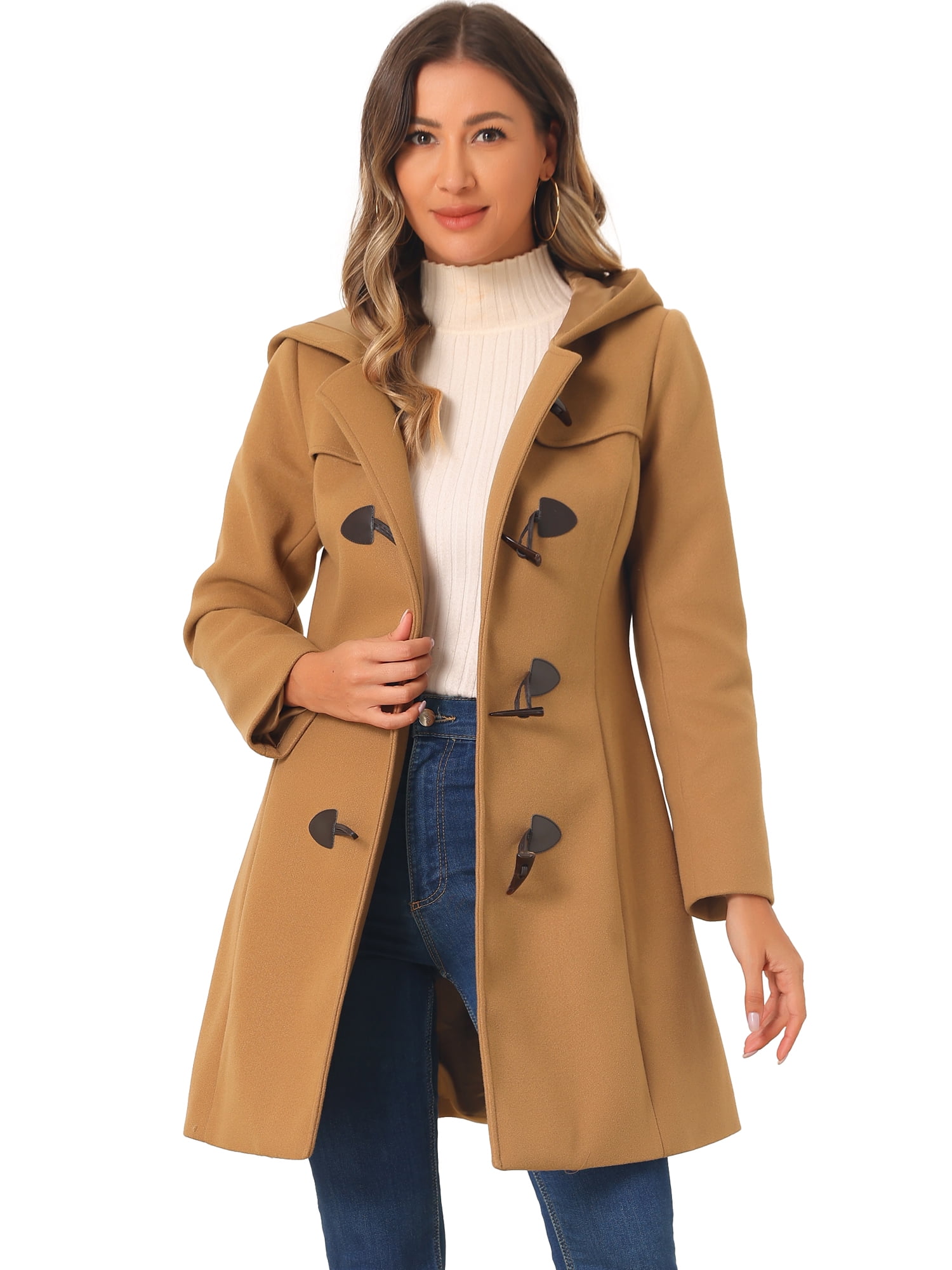 DARING DIVA Women's Hooded Toggle Button Up Duffle Coat Winter Outwear Camel L