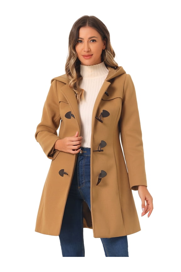 Women's Hooded Toggle Button Up Duffle Coat Winter Outwear Camel L
