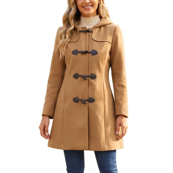 DARING DIVA Women's Winter Coat Toggle Duffle Long Hooded Peacoat Overcoat XS Camel