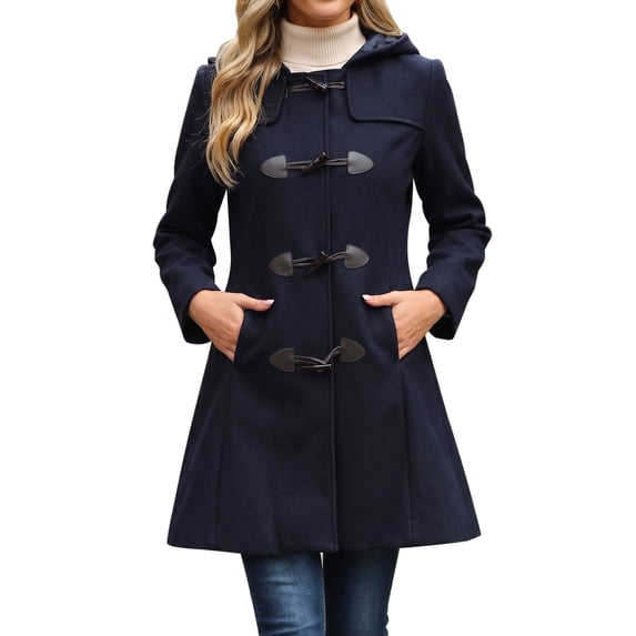 DARING DIVA Women's Winter Coat Toggle Duffle Long Hooded Peacoat Overcoat XS Dark Blue