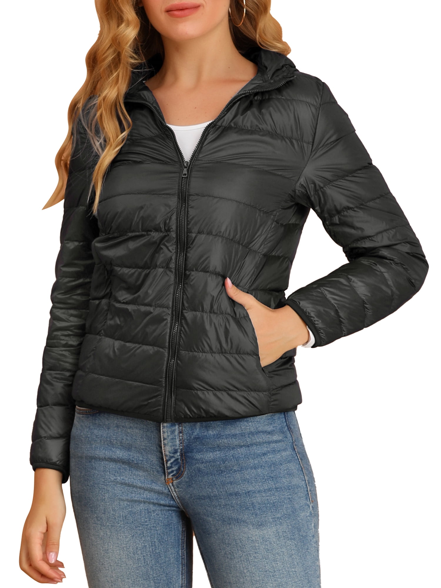 DARING DIVA Women's Hooded Zip Up Short Down Lightweight Jacket L Black