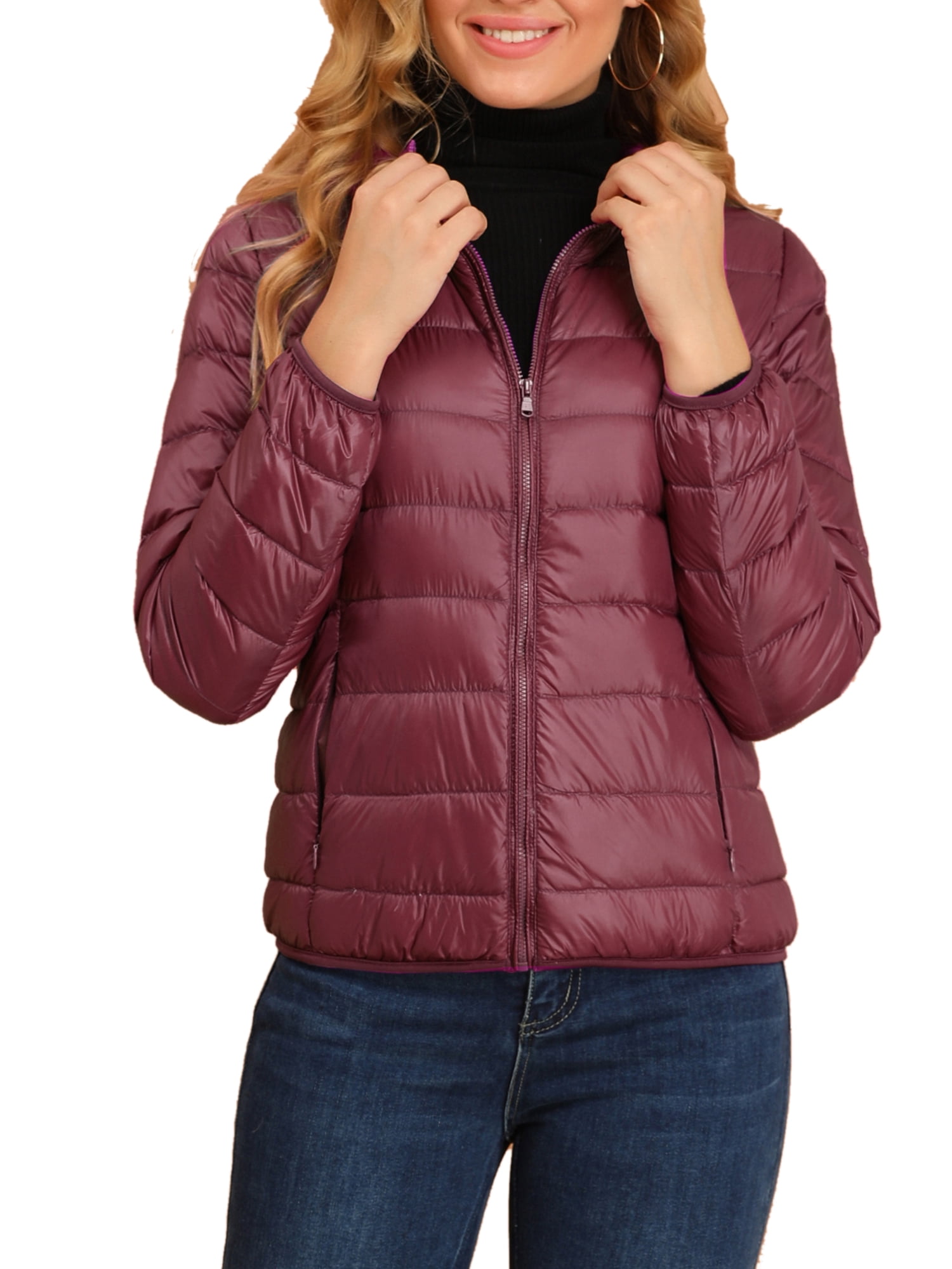 DARING DIVA Women's Hooded Zip Up Short Down Lightweight Jacket L Burgundy