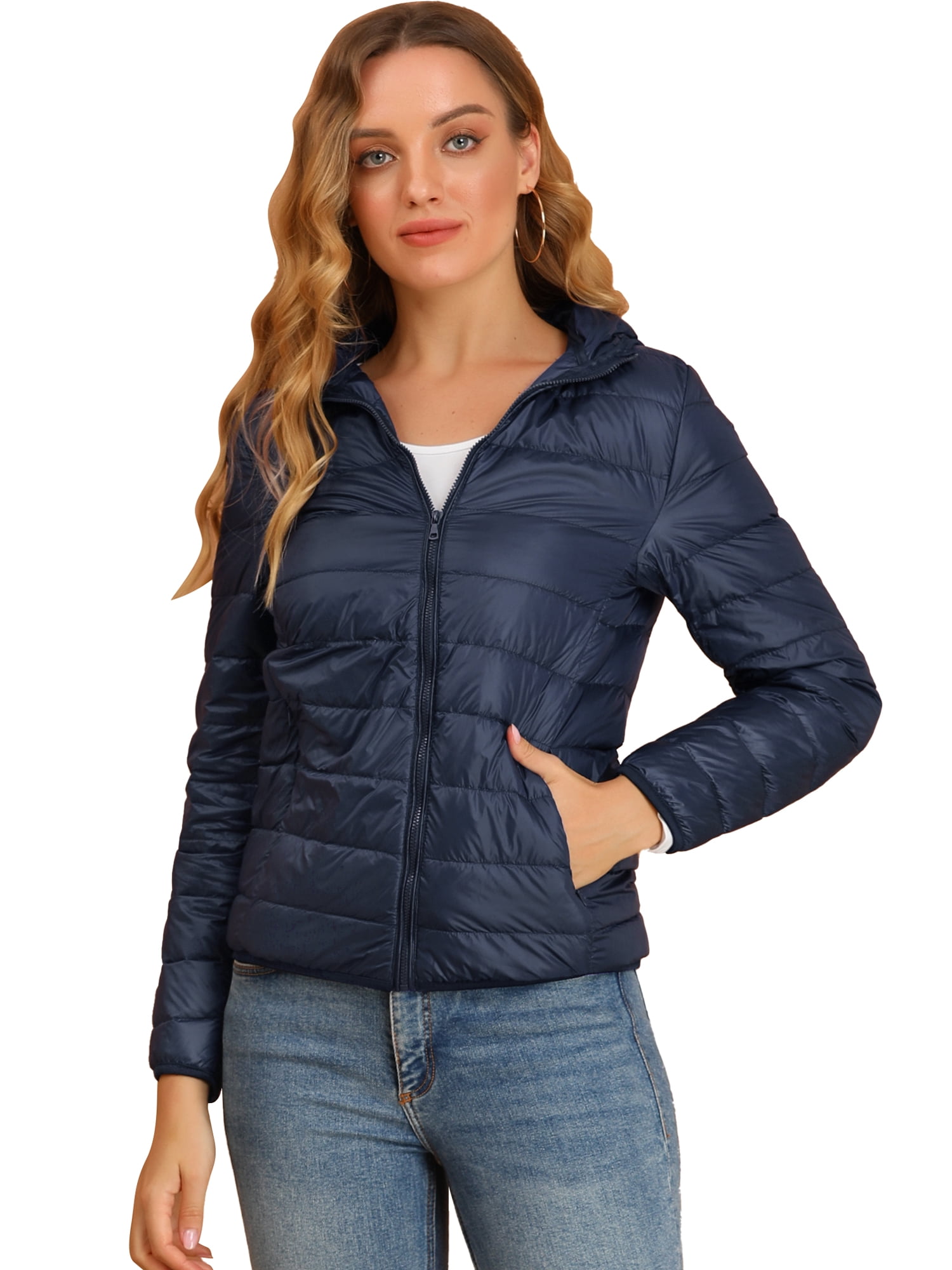 DARING DIVA Women's Hooded Zip Up Short Down Lightweight Jacket L Dark Blue