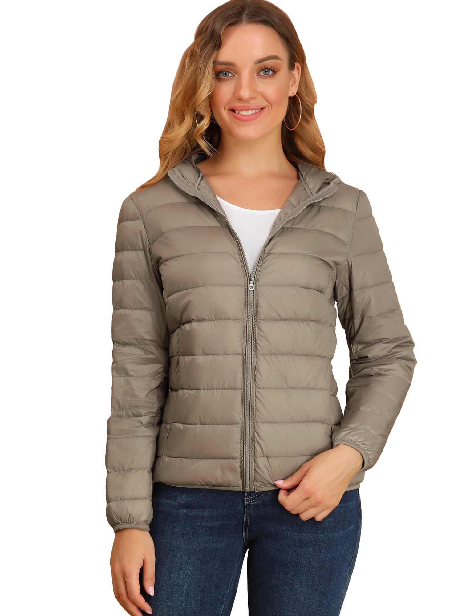 DARING DIVA Women's Hooded Zip Up Short Down Lightweight Jacket L Khaki