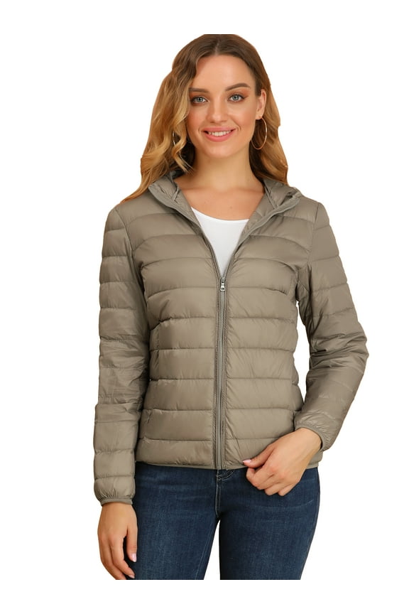 Women's Hooded Zip Up Short Down Lightweight Jacket L Khaki