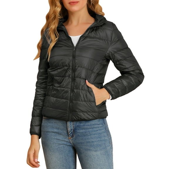 DARING DIVA Women's Hooded Zip Up Short Down Lightweight Jacket M Black