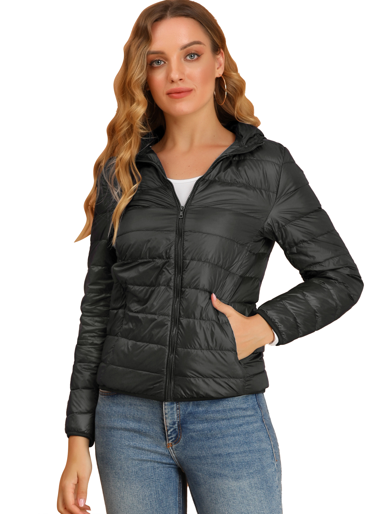 DARING DIVA Women's Hooded Zip Up Short Down Lightweight Jacket XL Black