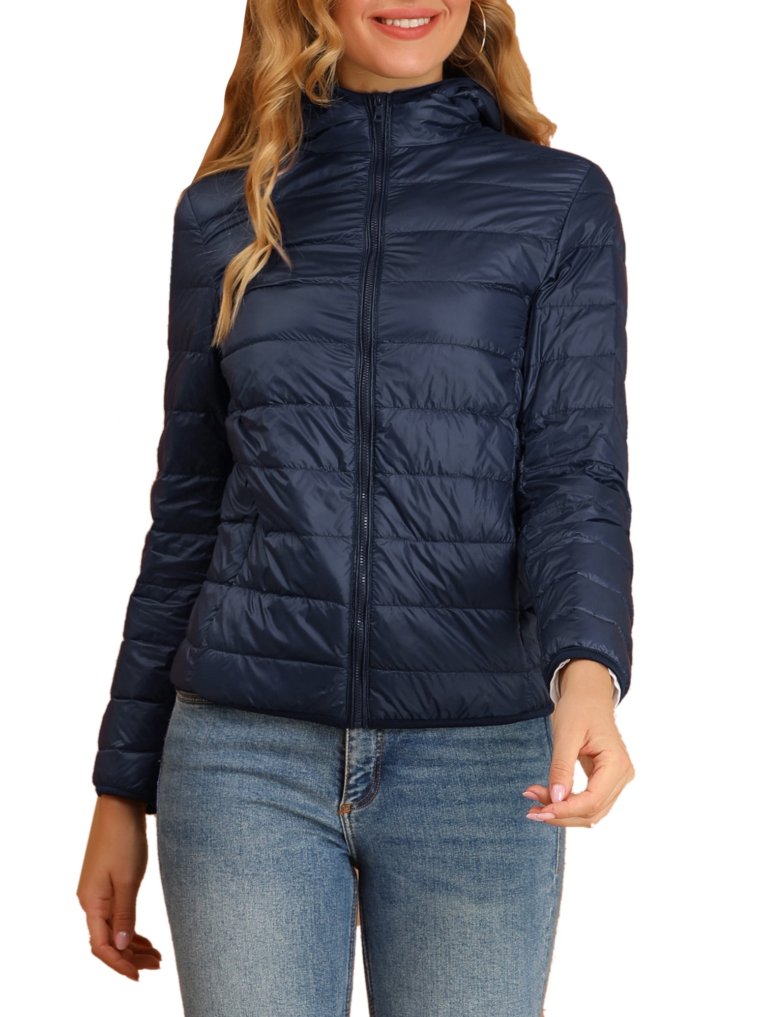 DARING DIVA Women's Hooded Zip Up Short Down Lightweight Jacket XL Dark Blue