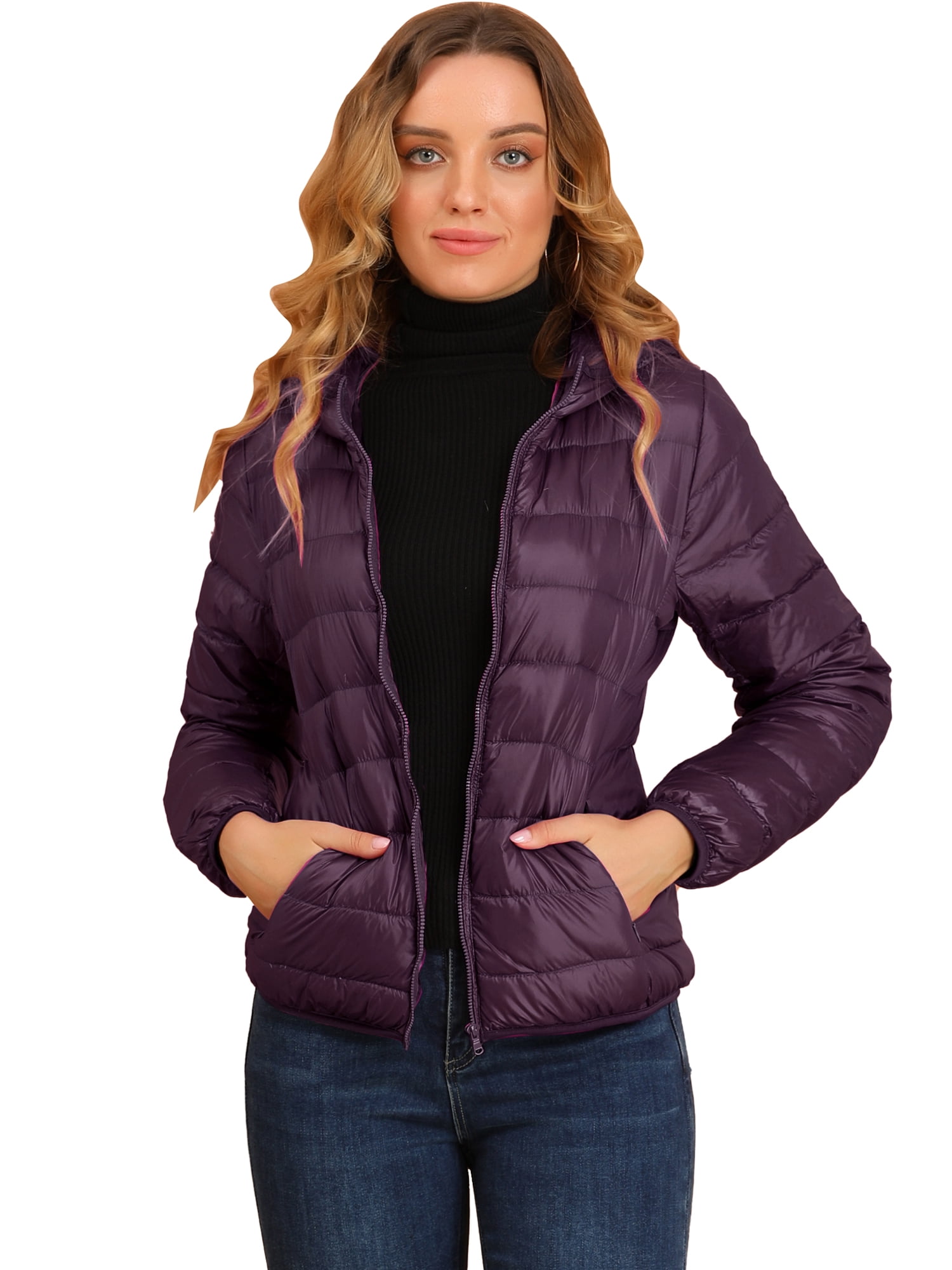 DARING DIVA Women's Hooded Zip Up Short Down Lightweight Jacket XL Purple