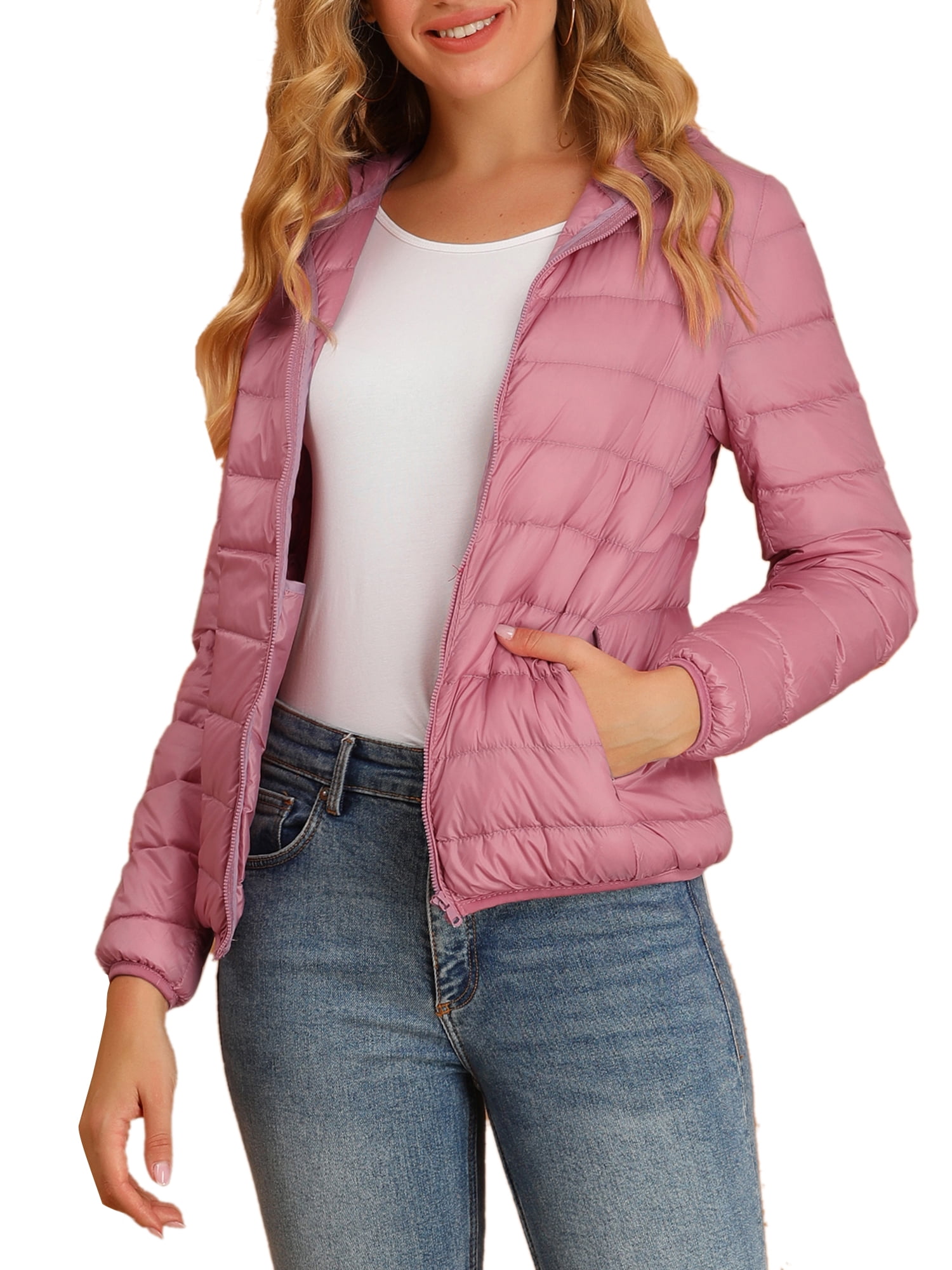 DARING DIVA Women's Hooded Zip Up Short Down Lightweight Jacket XS Pink