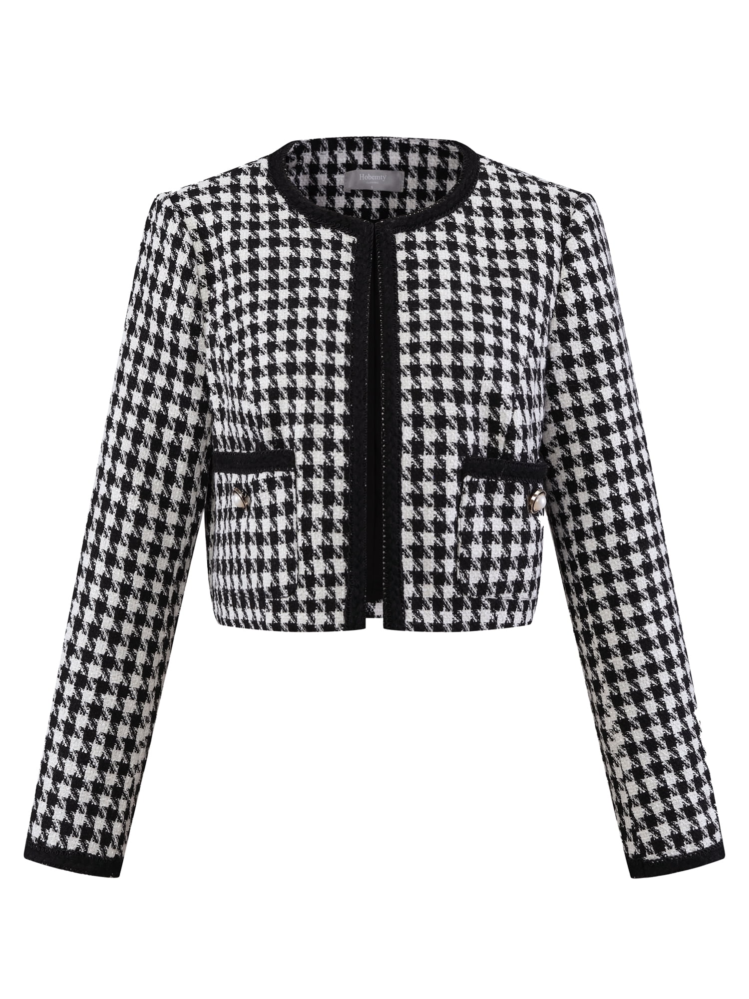 DARING DIVA Women's Houndstooth Collarless Plaid Cropped Tweed Jacket 2XL Black White