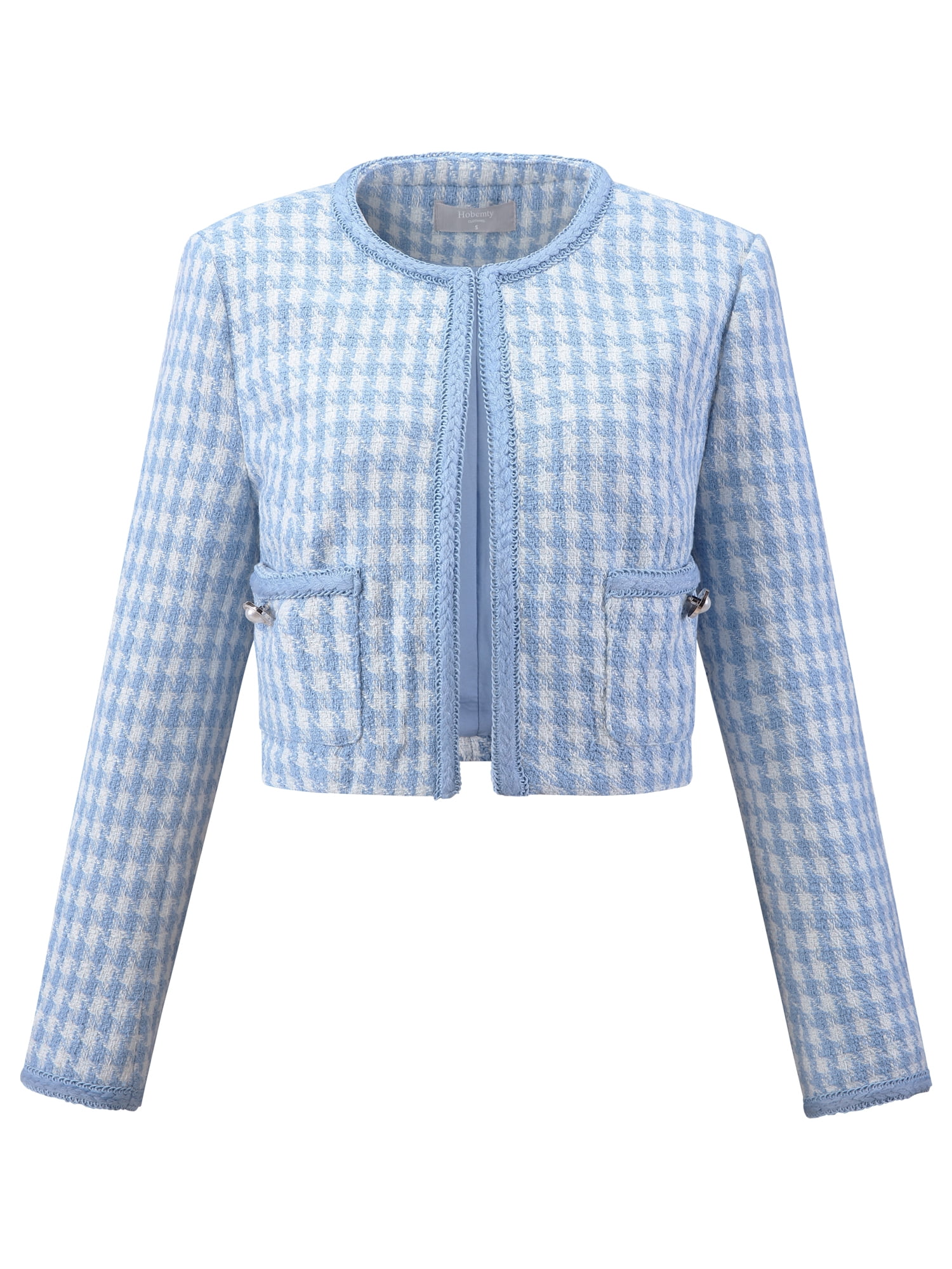 DARING DIVA Women's Houndstooth Collarless Plaid Cropped Tweed Jacket 2XL Blue