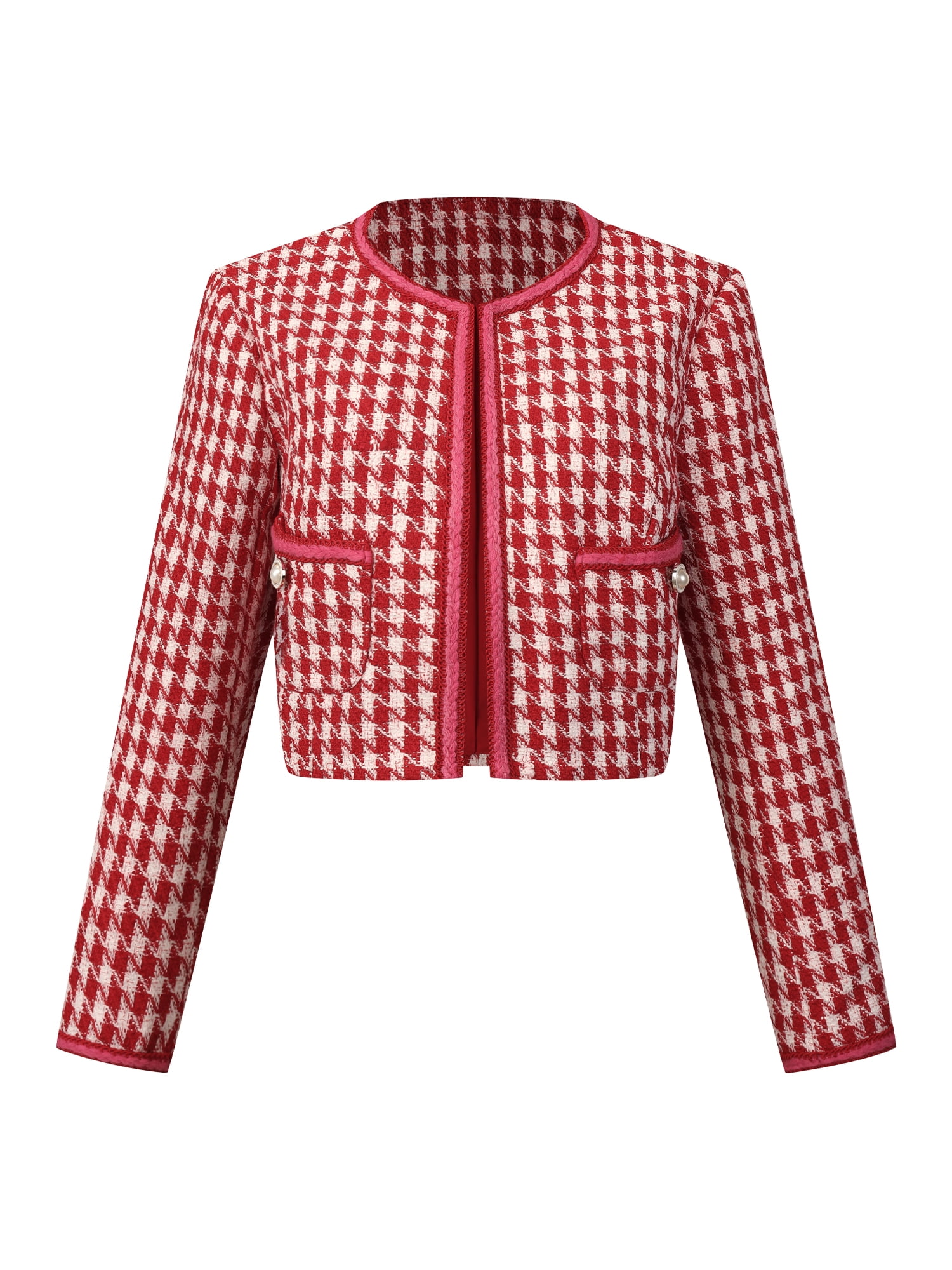 DARING DIVA Women's Houndstooth Collarless Plaid Cropped Tweed Jacket L Deep Red