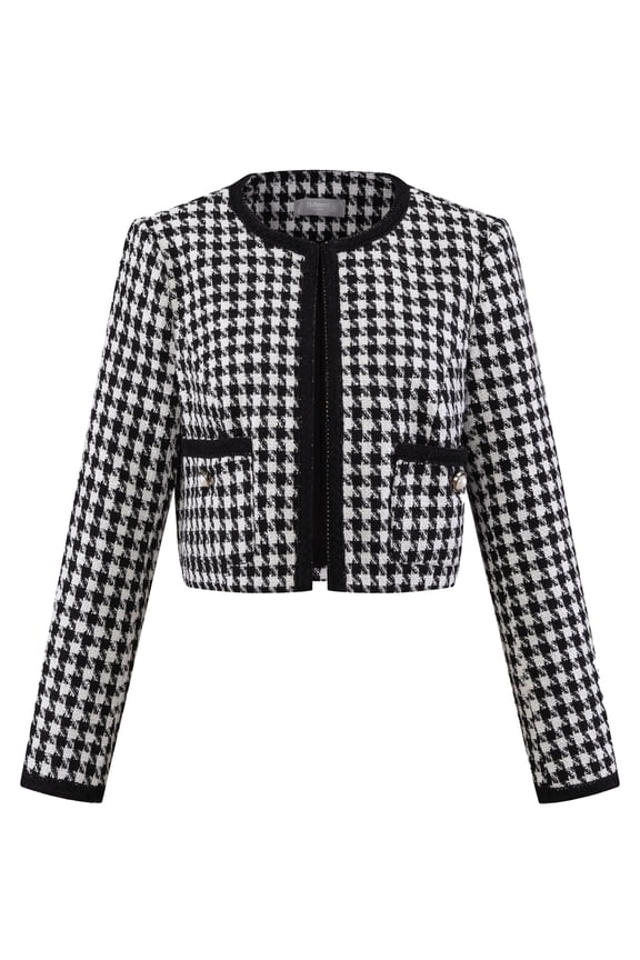 Women's Houndstooth Collarless Plaid Cropped Tweed Jacket S Black White