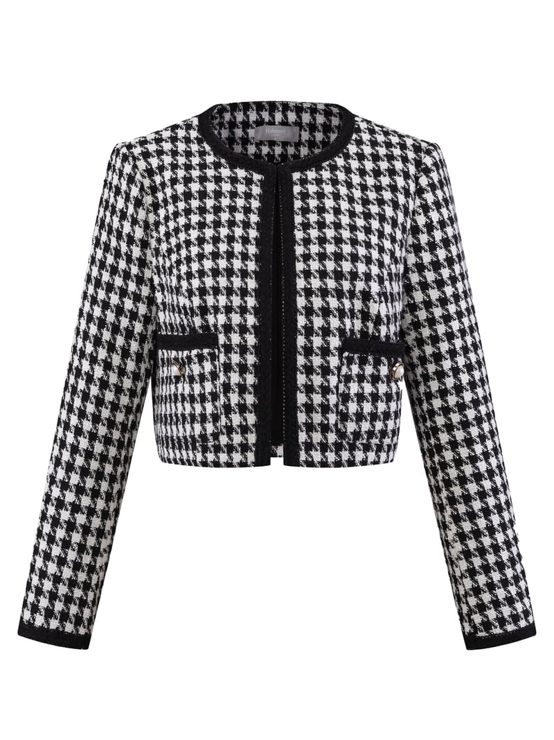 DARING DIVA Women's Houndstooth Collarless Plaid Cropped Tweed