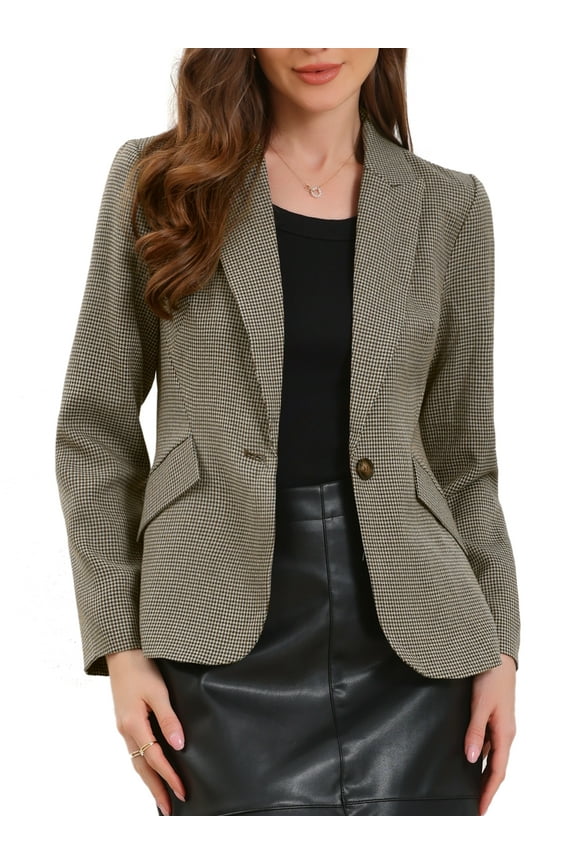 Women's Houndstooth Lapel Collar One Button Jacket M Brown