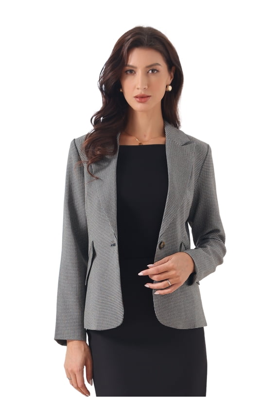 Women's Houndstooth Lapel Collar One Button Jacket M Navy Blue
