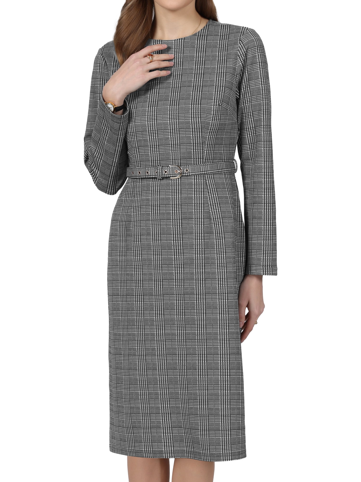 DARING DIVA Women's Houndstooth Long Sleeve Business Office Dress XL Grey Black