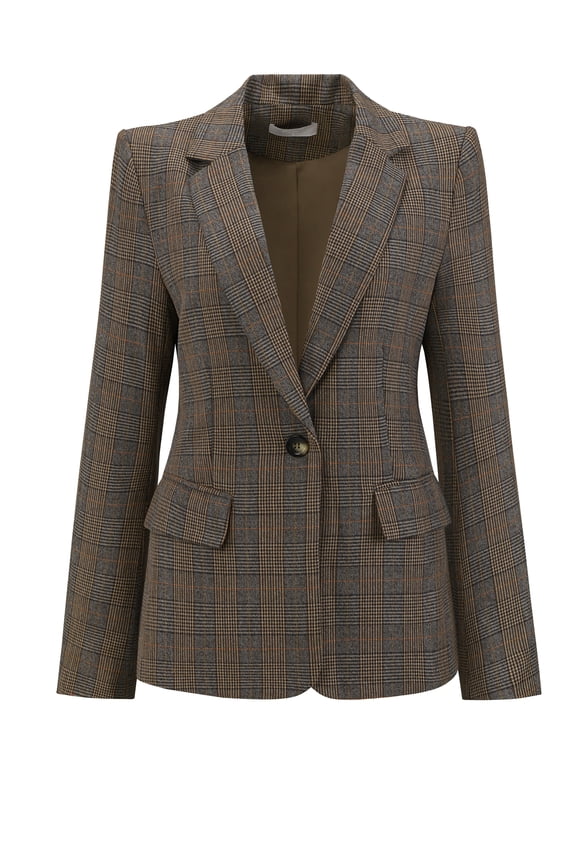 Women's Houndstooth Plaid Blazer Business Suit Jacket L Brown