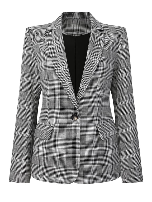 Women's Houndstooth Plaid Blazer Business Suit Jacket M Black
