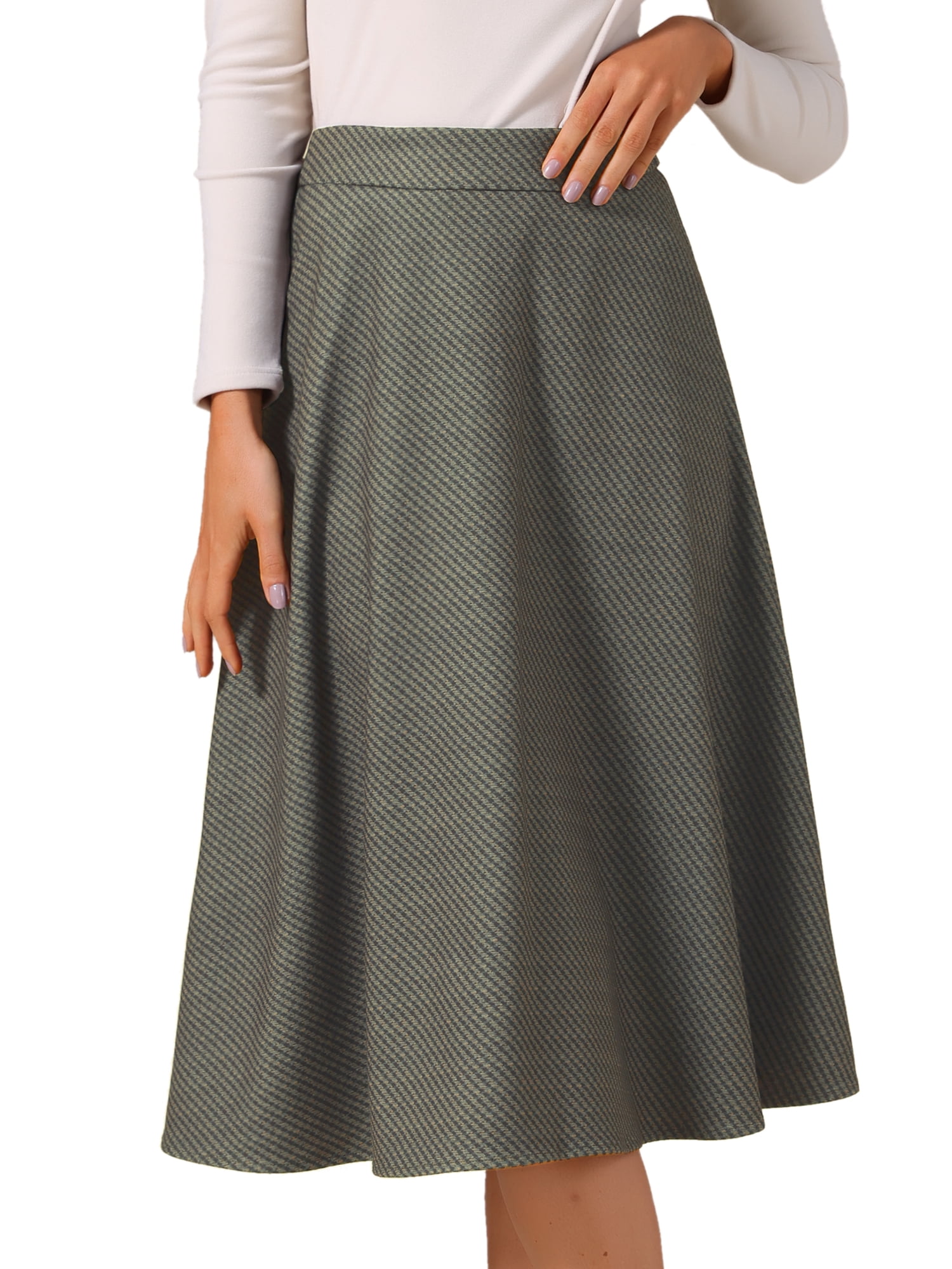 DARING DIVA Women's Houndstooth Plaid Midi Skirt Vintage A-Line Skirts Large Coffee