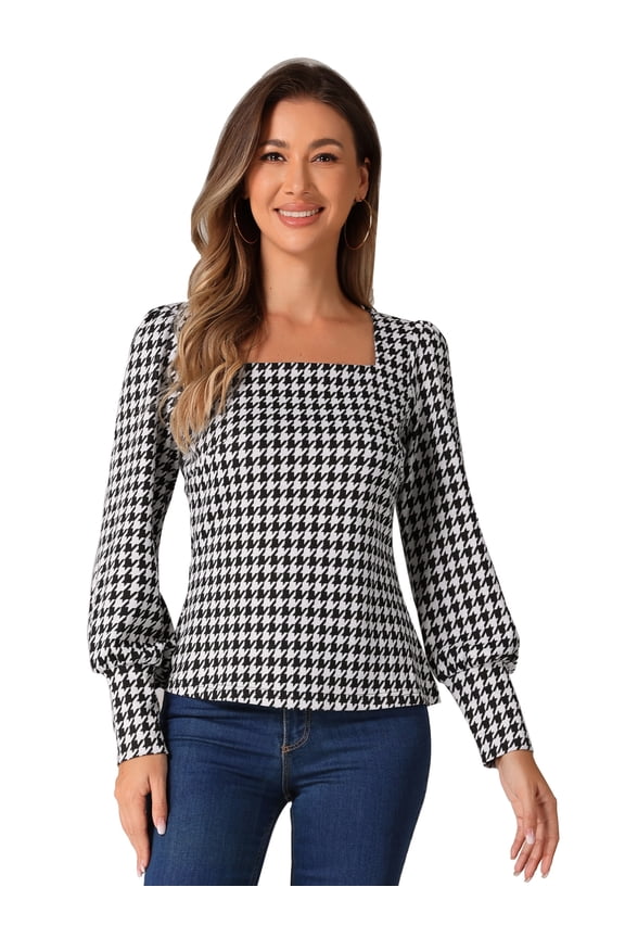 Women's Houndstooth Vintage Bishop Sleeve Square Neck Blouse L Black White