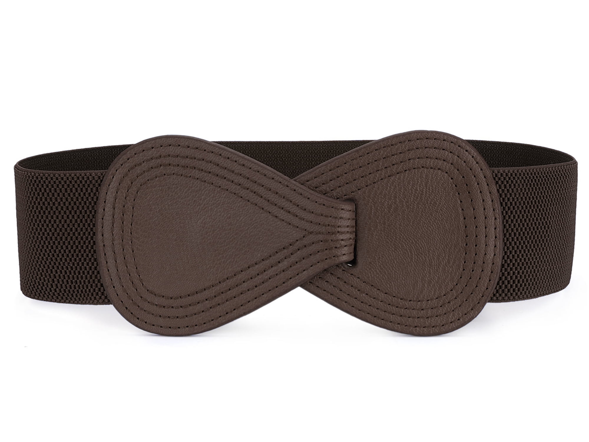 DARING DIVA Women's Interlock Faux Leather Elastic Buckle Belt 31"x43" Coffee