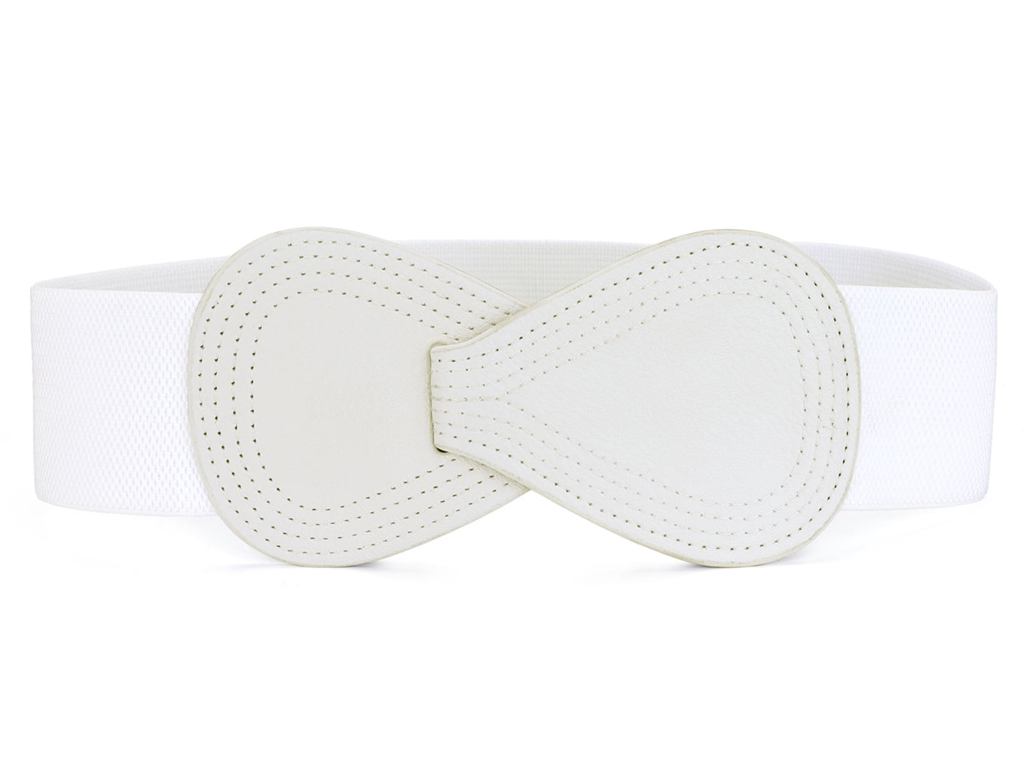 DARING DIVA Women's Interlock Faux Leather Elastic Buckle Belt 37"x49" White