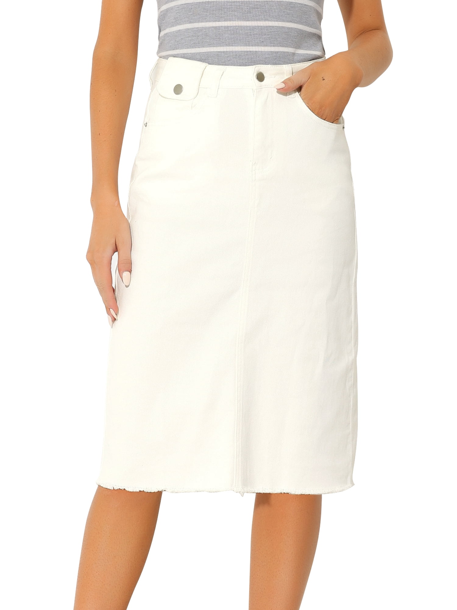 DARING DIVA Women's Jean Back Vent Midi Length Denim Skirts 2XL Cream White