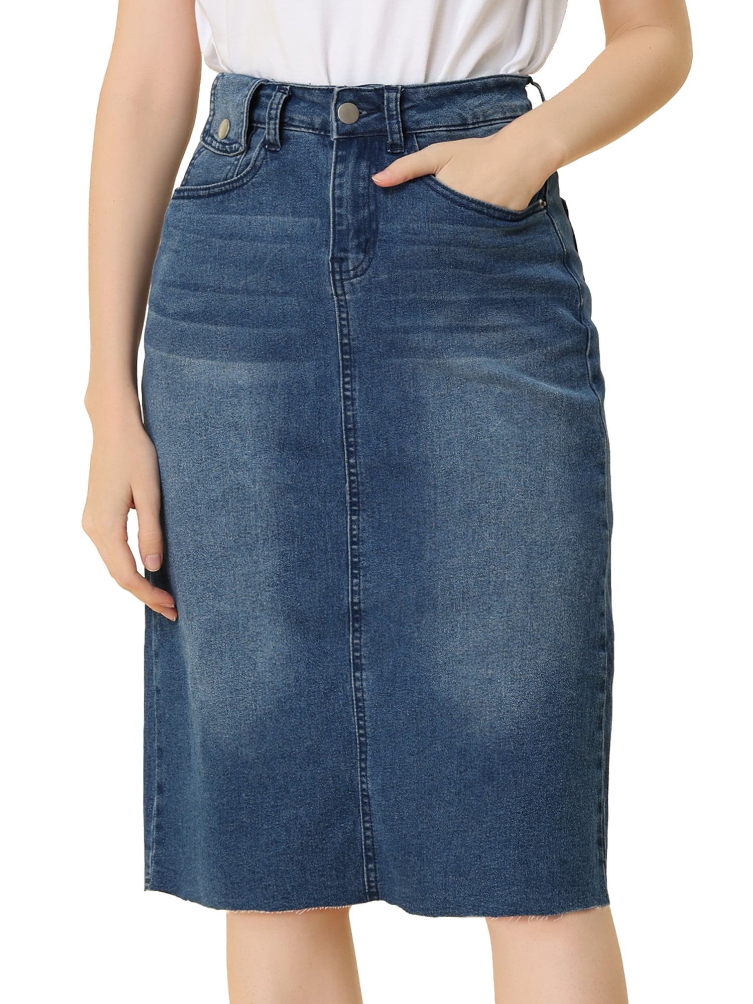DARING DIVA Women's Jean Back Vent Midi Length Denim Skirts 3XL M-Blue