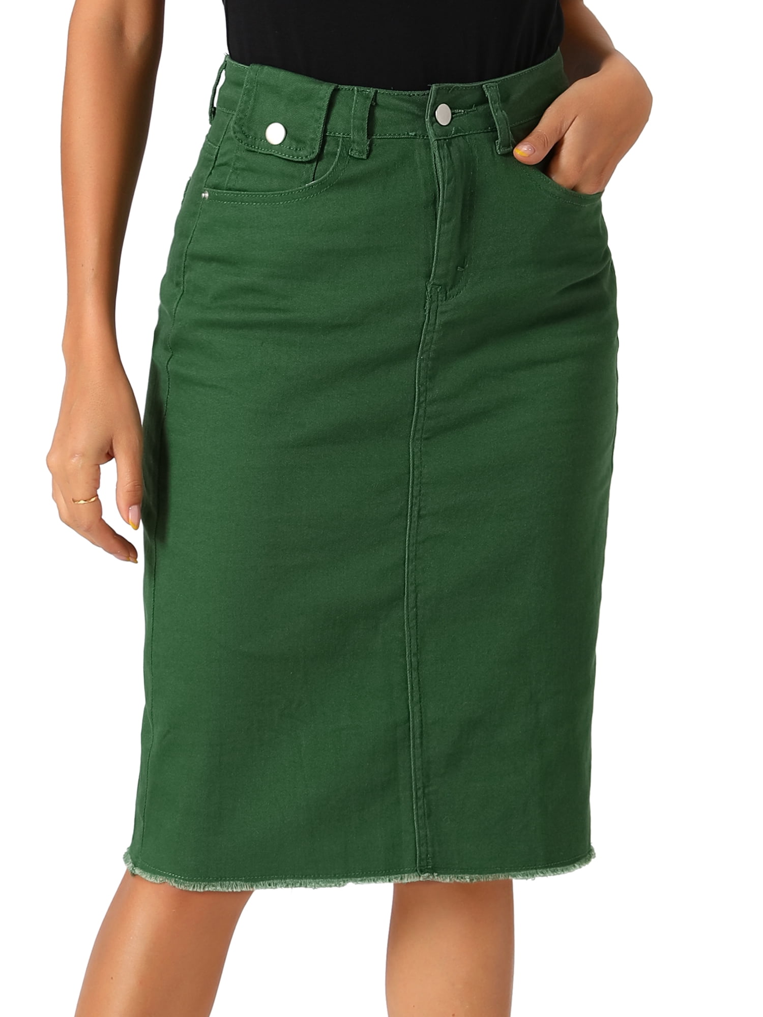 DARING DIVA Women's Jean Back Vent Midi Length Denim Skirts M Green
