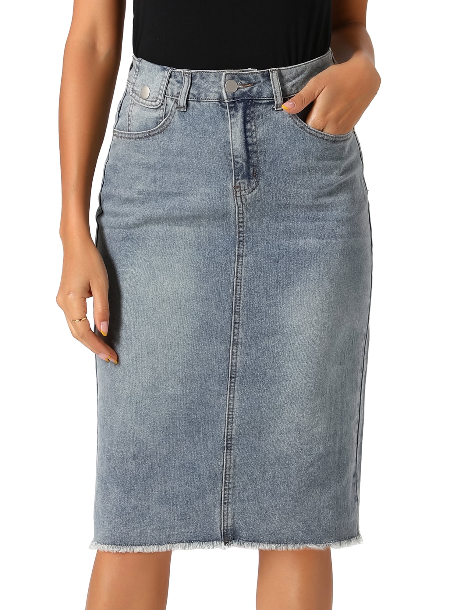 DARING DIVA Women's Jean Back Vent Midi Length Denim Skirts M Grey Blue