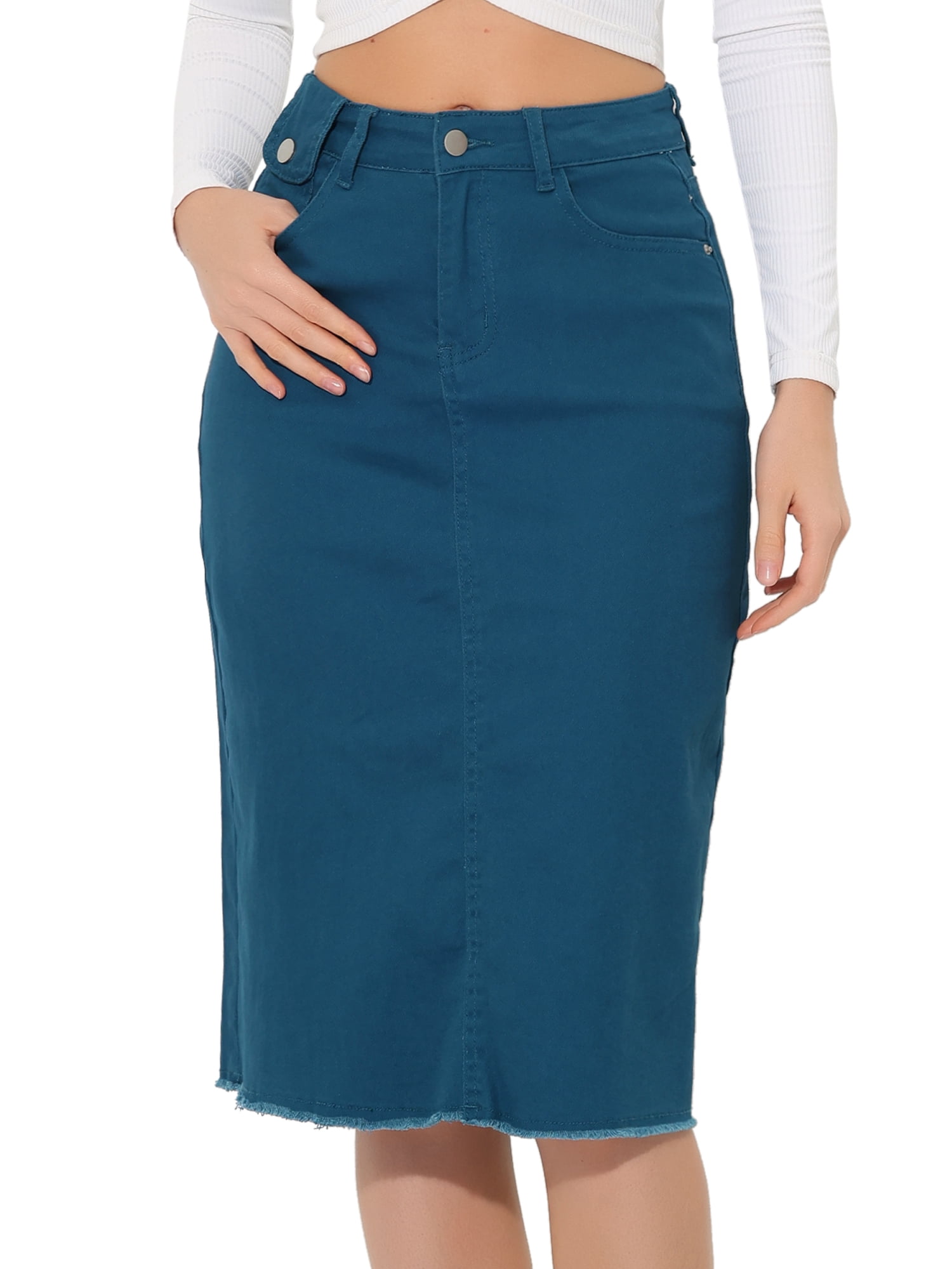 DARING DIVA Women's Jean Back Vent Midi Length Denim Skirts M Peacock Blue