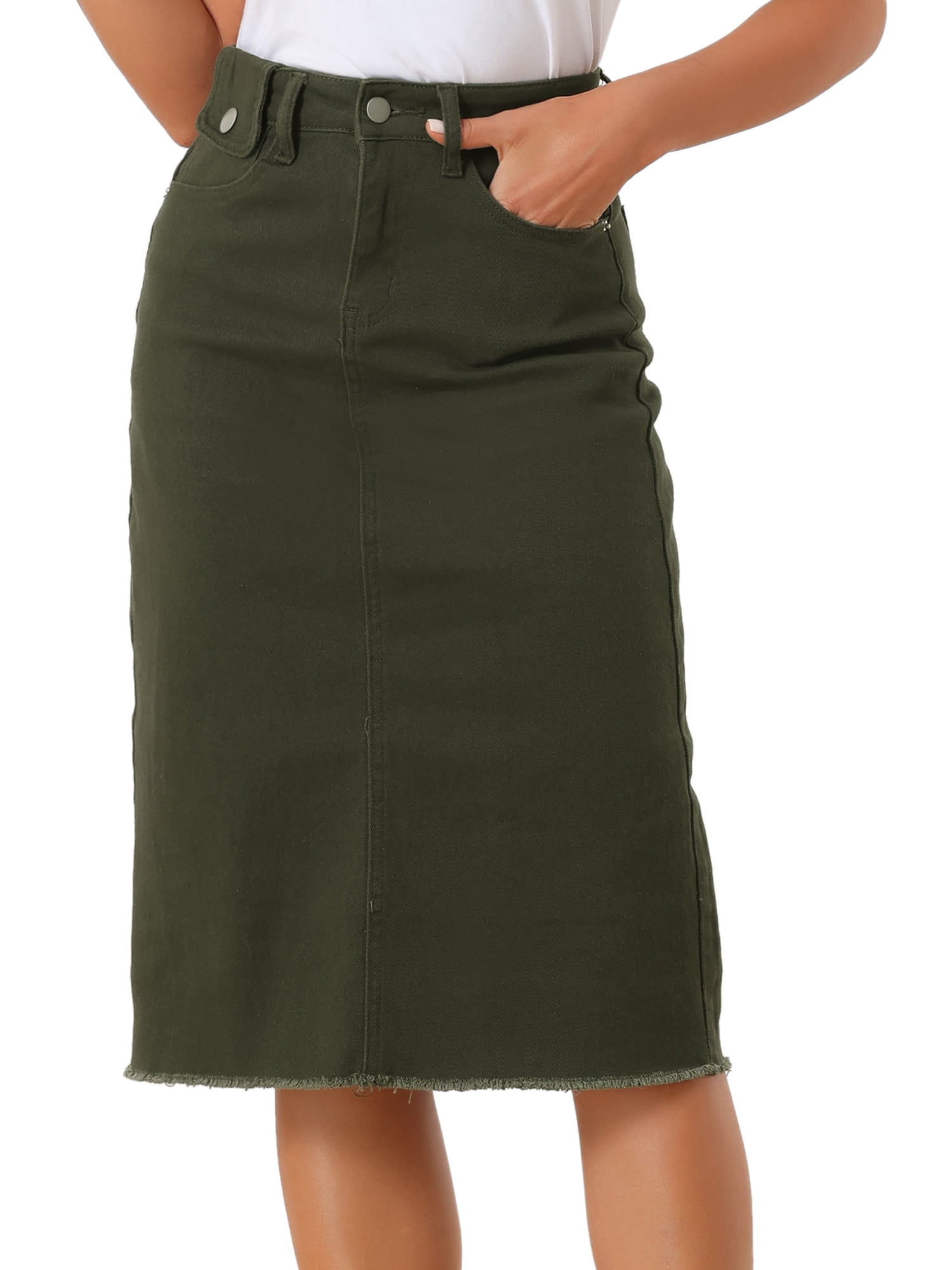 DARING DIVA Women's Jean Back Vent Midi Length Denim Skirts XL Army Green
