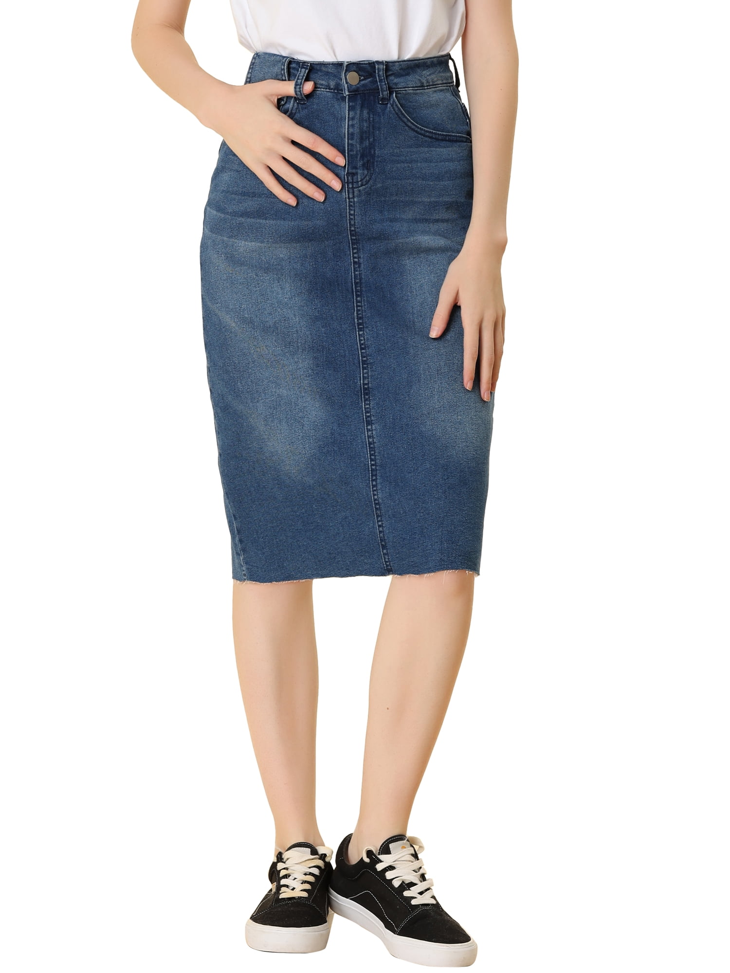 DARING DIVA Women's Jean Back Vent Midi Length Denim Skirts XL M-Blue