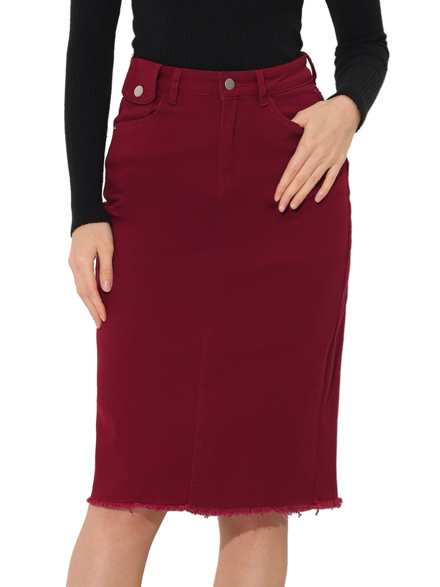 DARING DIVA Women's Jean Back Vent Midi Length Denim Skirts XS Dark Red